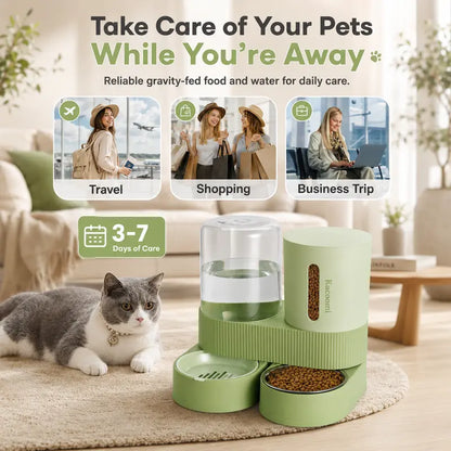 Kacoomi 2-Pack Automatic Gravity Feeder & Water Dispenser Set for Cats - 2.4L Auto-Refill Water, 88Oz Mess-Free Food, Large-Capacity Stainless Steel Bowl, Easy-Clean Materials, All Seasons Use