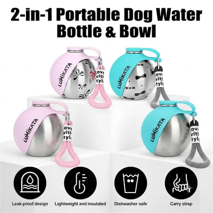 Lumikata 2-in-1 Portable Dog Water Bottle - 10 oz Stainless Steel with Silicone Foldable Bowl, Leak-Proof Design for Small Dogs, Ideal for Walking and Feeding Supplies