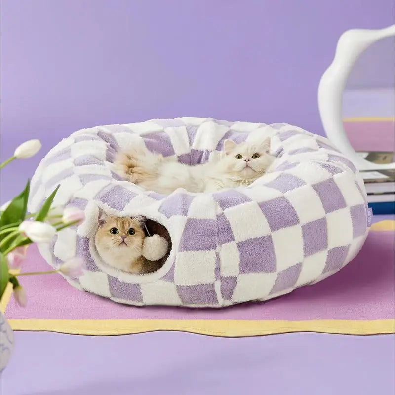 Cat Tunnel Bed – Cozy Donut Hideaway for All Sizes of Cats & Dogs, Soft Polyester Material, Calming Effect – Includes Peekaboo Cave for Kittens, Puppies & Bunnies – Multiple Sizes Available