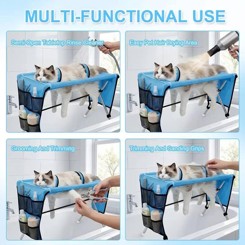 Pet Grooming Hammock with Stainless Steel Stand, Small-Medium Bathing Aid with Towel Strap, Foldable Stable Tool for Grooming Nail Trimming (No Battery, Ideal for Senior Dogs & Cats)