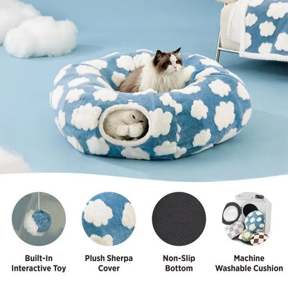 Cat Tunnel Bed – Cozy Donut Hideaway for All Sizes of Cats & Dogs, Soft Polyester Material, Calming Effect – Includes Peekaboo Cave for Kittens, Puppies & Bunnies – Multiple Sizes Available