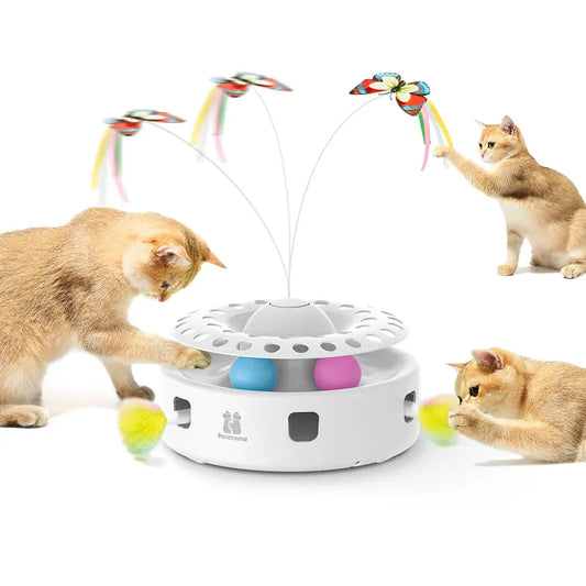 Potaroma 3-In-1 Quiet Motor Automatic Interactive Cat Toy - Polypropylene (PP Resin) Play Aid with Butterfly, Feather, Track Balls, Dual Power (USB, 4 AA Batteries), Easy Reactivation for Indoor Cats' Mental Stimulation