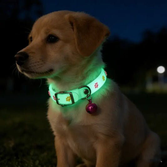 5-Pack Glow in the Dark Cat Dog Collars - Cute Paw Print Luminous Pet Collar with Safety Buckle for Night Walking, Adjustable Anti-Lost Id Tags Neckwear for Small Dogs Kittens, Assorted Colors Gift
