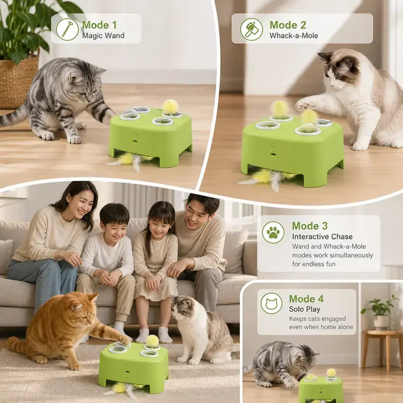 2-in-1 Interactive Cat Hunting Toy with Pop-Up Mice and Rotating Feather - USB-C Rechargeable for Indoor Engagement