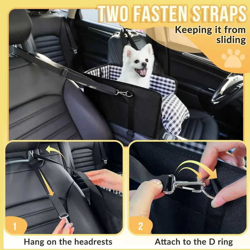 Premium Center Mount Car Pet Booster Seat for Small Cats & Dogs (Under 11 Lbs) - Anti-Collapsing Carrier Bag, Elevated Design, Plush Mat, Secure Tether, Plaid Print, Rotating Hooks, Soft Ride, Car Accessories