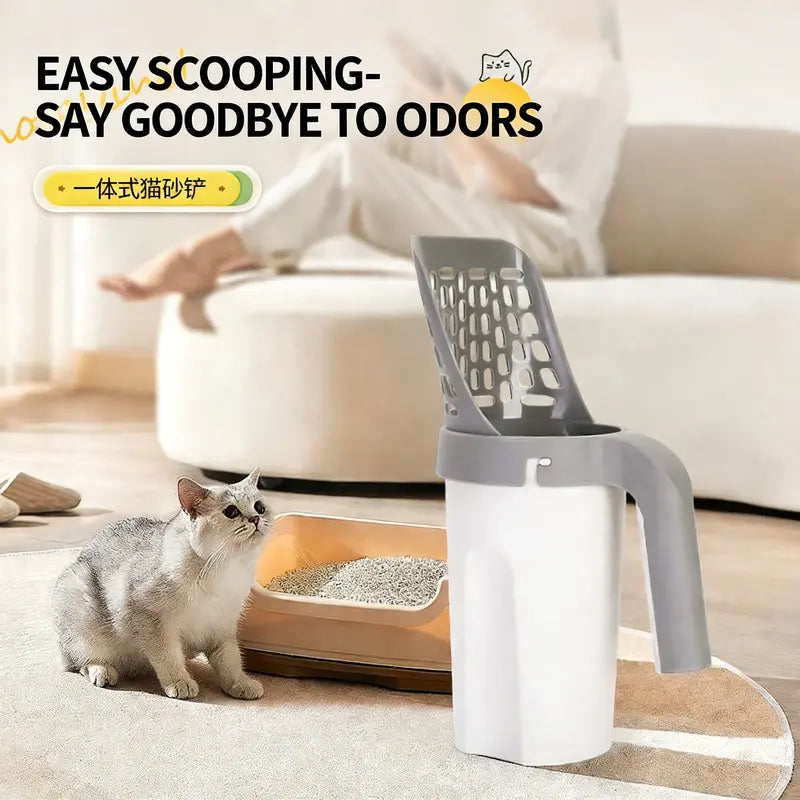 Portable Cat Litter Scoop for Litterbox - Durable PP Material Pet Waste Cleaning Tool with Preloaded Poop Bag Roll, Curved Handle, Porous Surface, Odor-Seal Trash Bag Sohochic