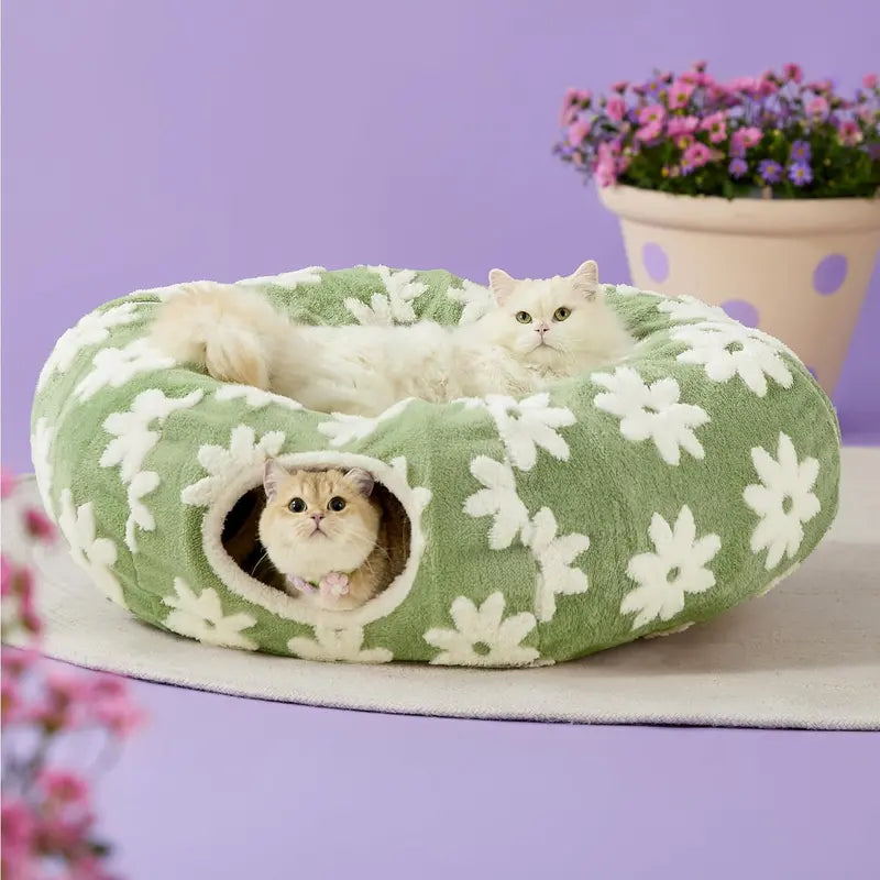 Cat Tunnel Bed – Cozy Donut Hideaway for All Sizes of Cats & Dogs, Soft Polyester Material, Calming Effect – Includes Peekaboo Cave for Kittens, Puppies & Bunnies – Multiple Sizes Available