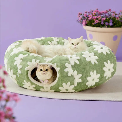 Cat Tunnel Bed – Cozy Donut Hideaway for All Sizes of Cats & Dogs, Soft Polyester Material, Calming Effect – Includes Peekaboo Cave for Kittens, Puppies & Bunnies – Multiple Sizes Available