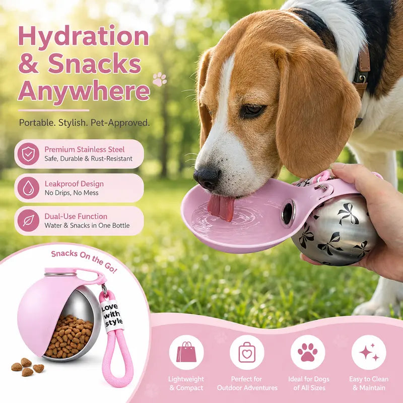 Eorthex Stainless Steel 3-In-1 Portable Pet Water Bottle - 10 Oz Foldable Bowl Mode, Leak-Proof Water Ball for Small Dog Walking, Pet Feeding Supplies