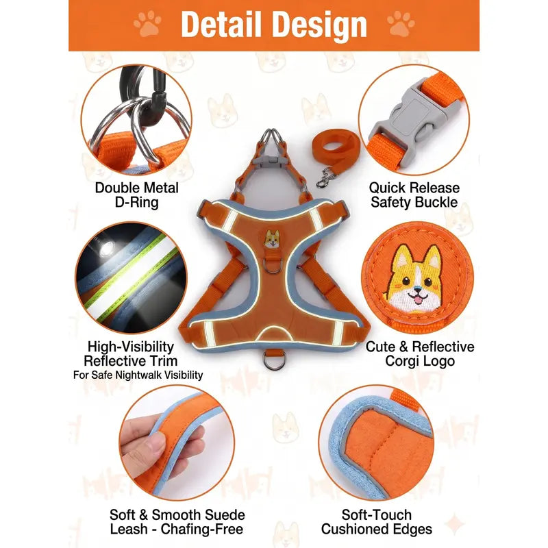 2 Pack Adjustable Pet Harness & Leash Set, Soft Suede Vest, Durable & Reflective, No-Tangle Leash for Easy Walking, Ideal for Daily Walks & Night Outdoor Use